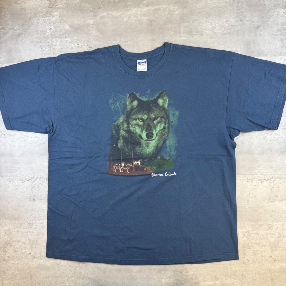 Gildan Ultra Cotton Wolf Graphic T-Shirt Navy Blue Silverton Colorado Mens 2XL